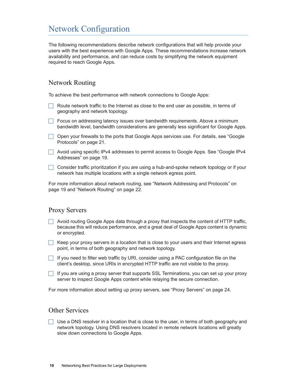 Network configuration, Network routing, Proxy servers | Other services, Network routing proxy servers other services | Google Networking Best Practices for Large Deployments User Manual | Page 10 / 42