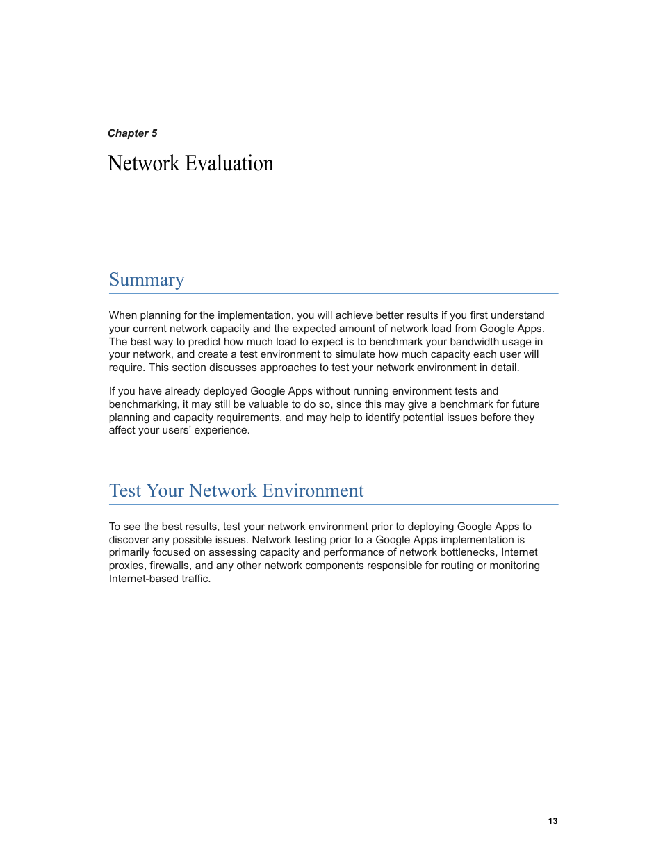 Network evaluation, Summary, Test your network environment | Network evaluation : this se | Google Networking Best Practices for Large Deployments User Manual | Page 13 / 42