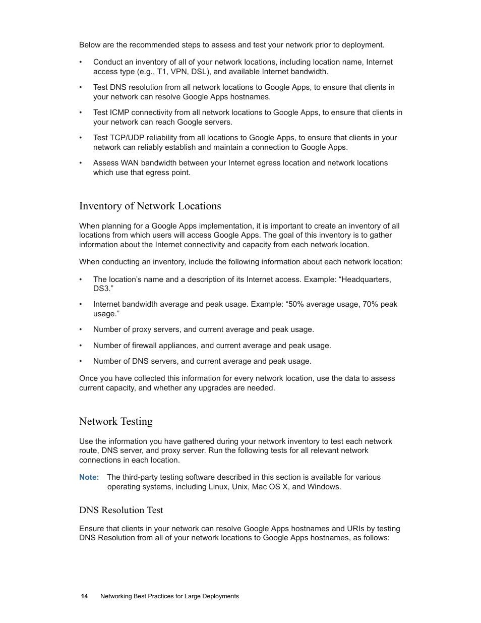 Inventory of network locations, Network testing, Inventory of network locations network testing | Google Networking Best Practices for Large Deployments User Manual | Page 14 / 42