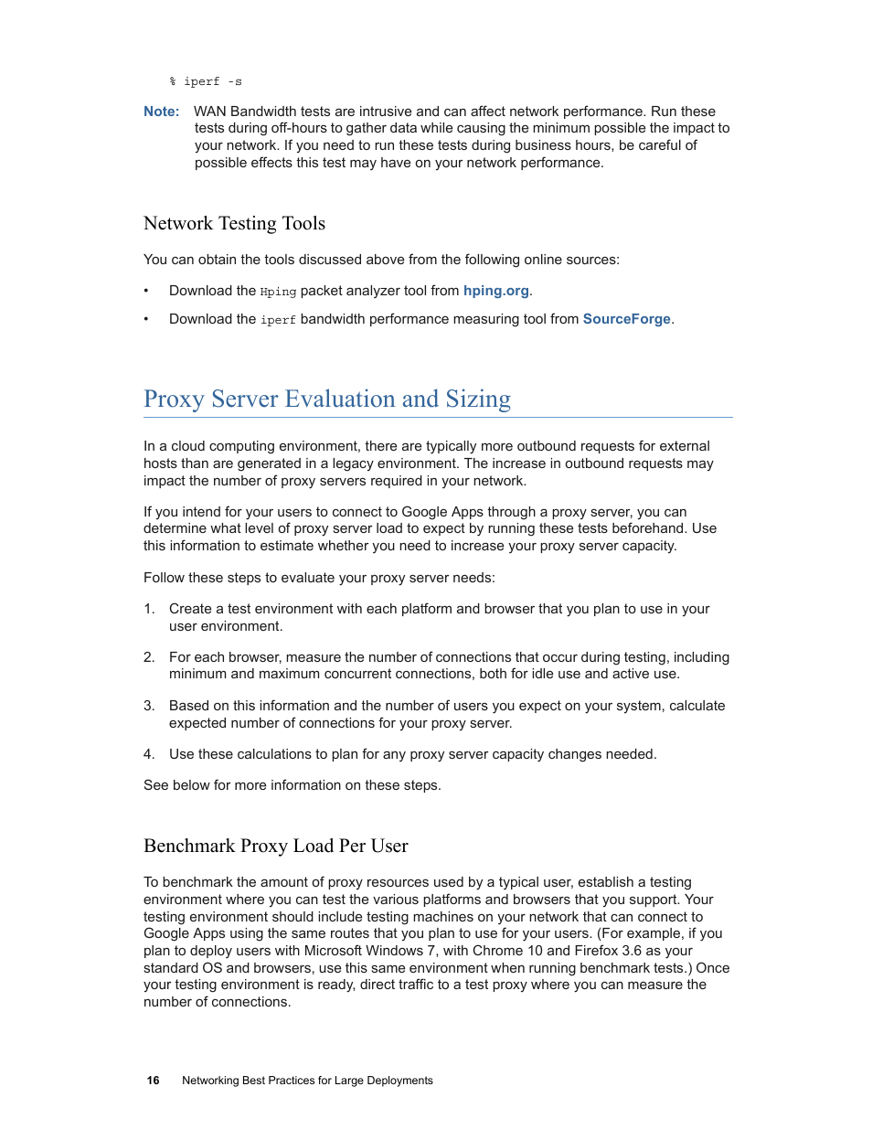 Network testing tools, Proxy server evaluation and sizing, Benchmark proxy load per user | Google Networking Best Practices for Large Deployments User Manual | Page 16 / 42