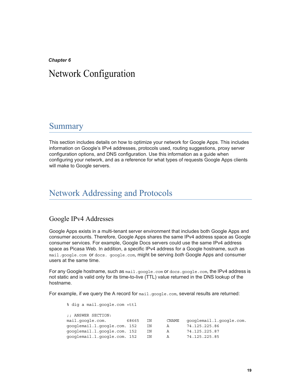 Network configuration, Summary, Network addressing and protocols | Google ipv4 addresses, Chapter 6: network configuration summary | Google Networking Best Practices for Large Deployments User Manual | Page 19 / 42