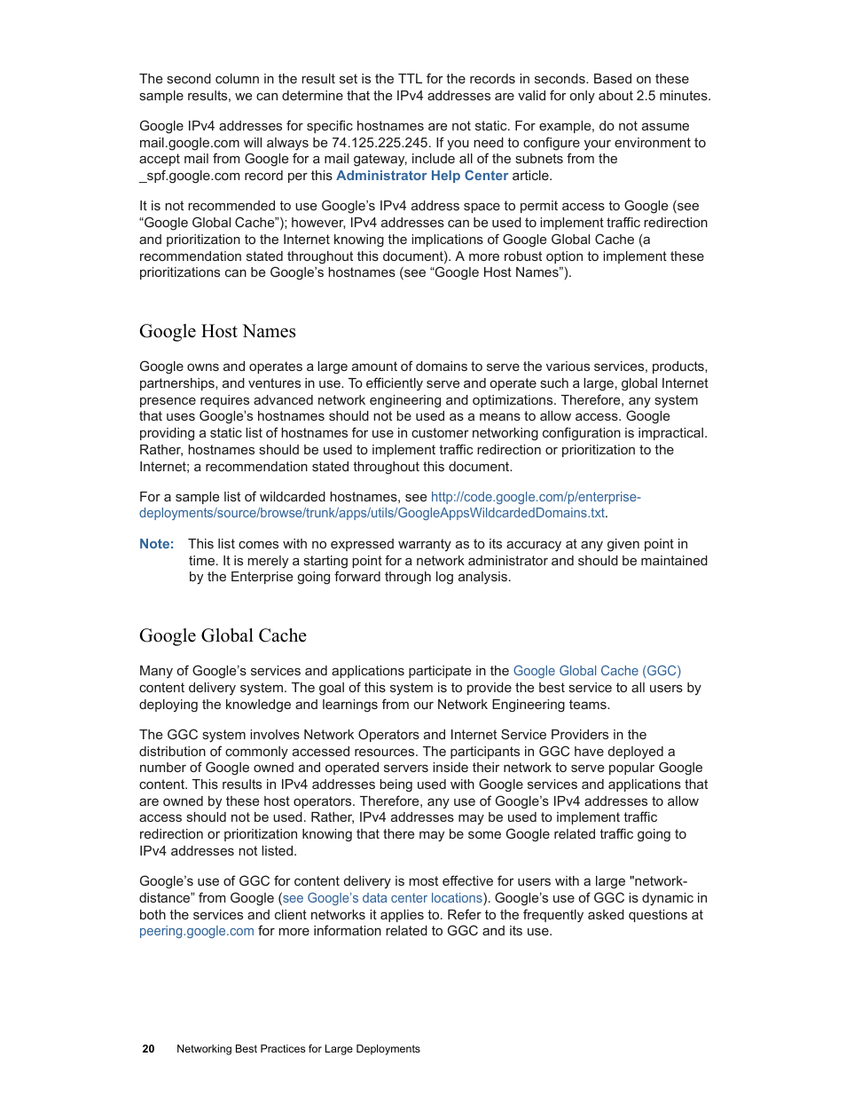 Google host names, Google global cache, Google host names google global cache | Google Networking Best Practices for Large Deployments User Manual | Page 20 / 42