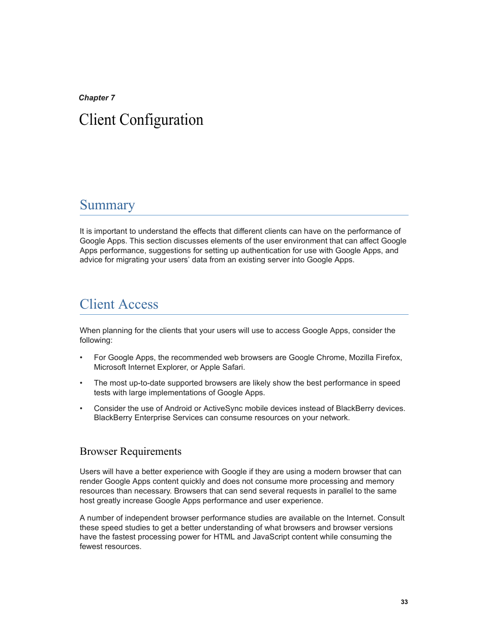 Client configuration, Summary, Client access | Browser requirements | Google Networking Best Practices for Large Deployments User Manual | Page 33 / 42