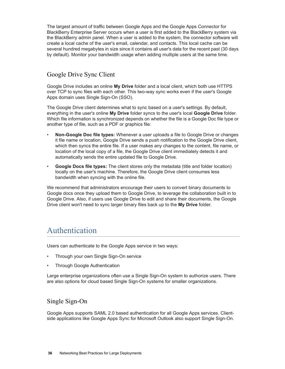 Google drive sync client, Authentication, Single sign-on | Google Networking Best Practices for Large Deployments User Manual | Page 36 / 42