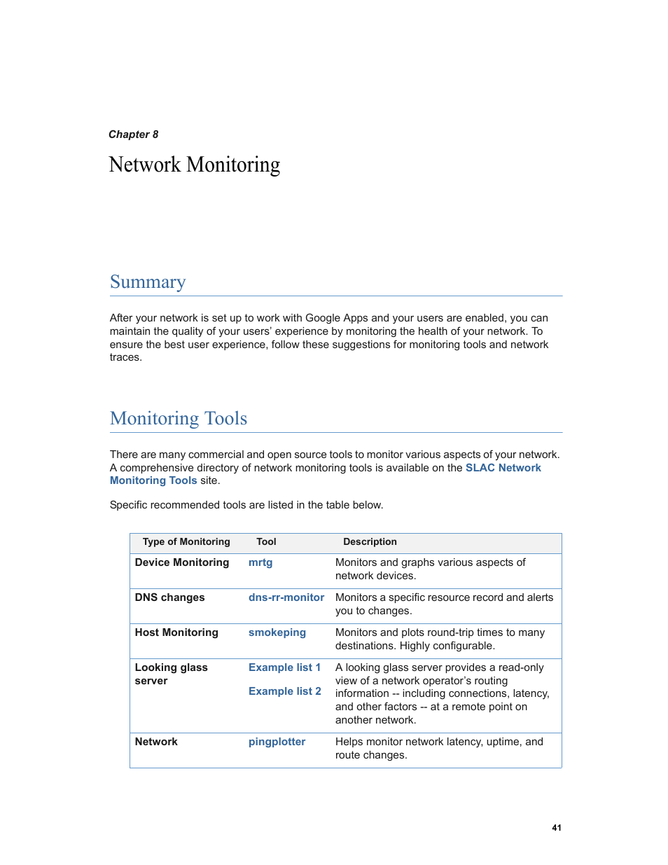 Network monitoring, Summary, Monitoring tools | Google Networking Best Practices for Large Deployments User Manual | Page 41 / 42