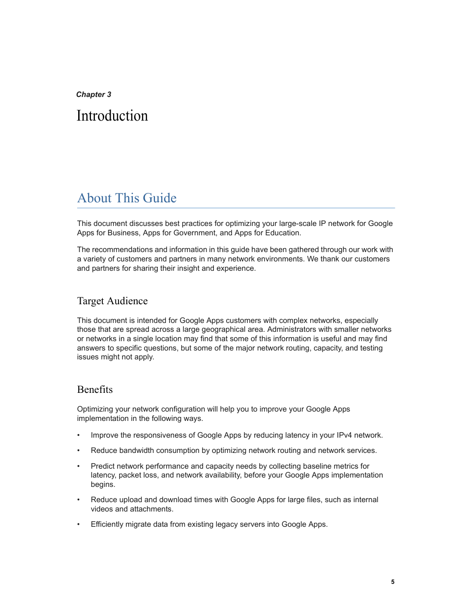 Introduction, About this guide, Target audience | Benefits, Chapter 3: introduction about this guide, Target audience benefits | Google Networking Best Practices for Large Deployments User Manual | Page 5 / 42