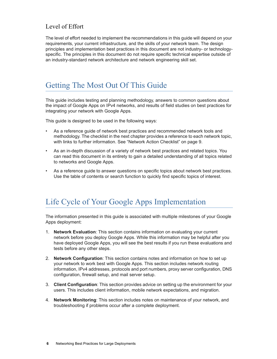 Level of effort, Getting the most out of this guide, Life cycle of your google apps implementation | Google Networking Best Practices for Large Deployments User Manual | Page 6 / 42
