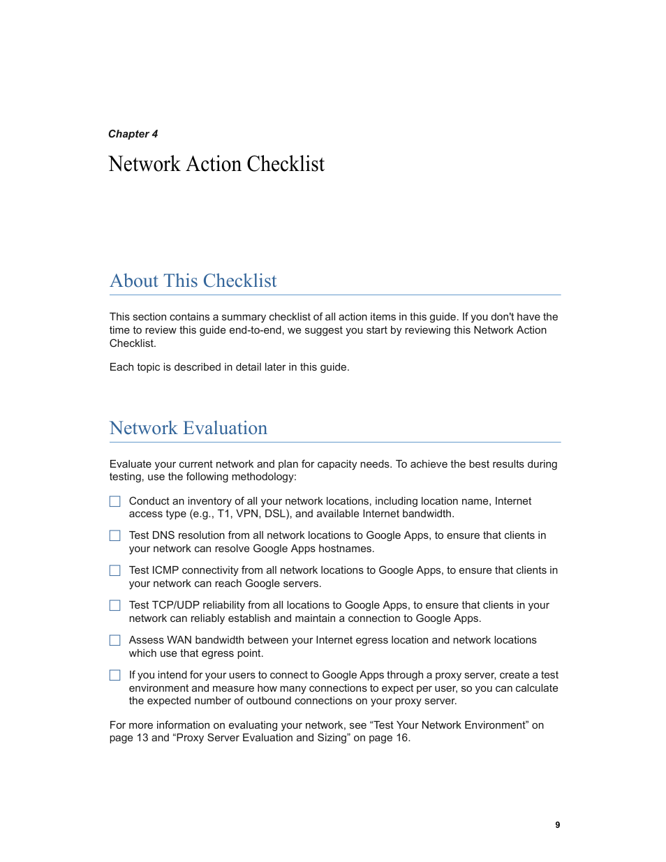 Network action checklist, About this checklist, Network evaluation | Google Networking Best Practices for Large Deployments User Manual | Page 9 / 42