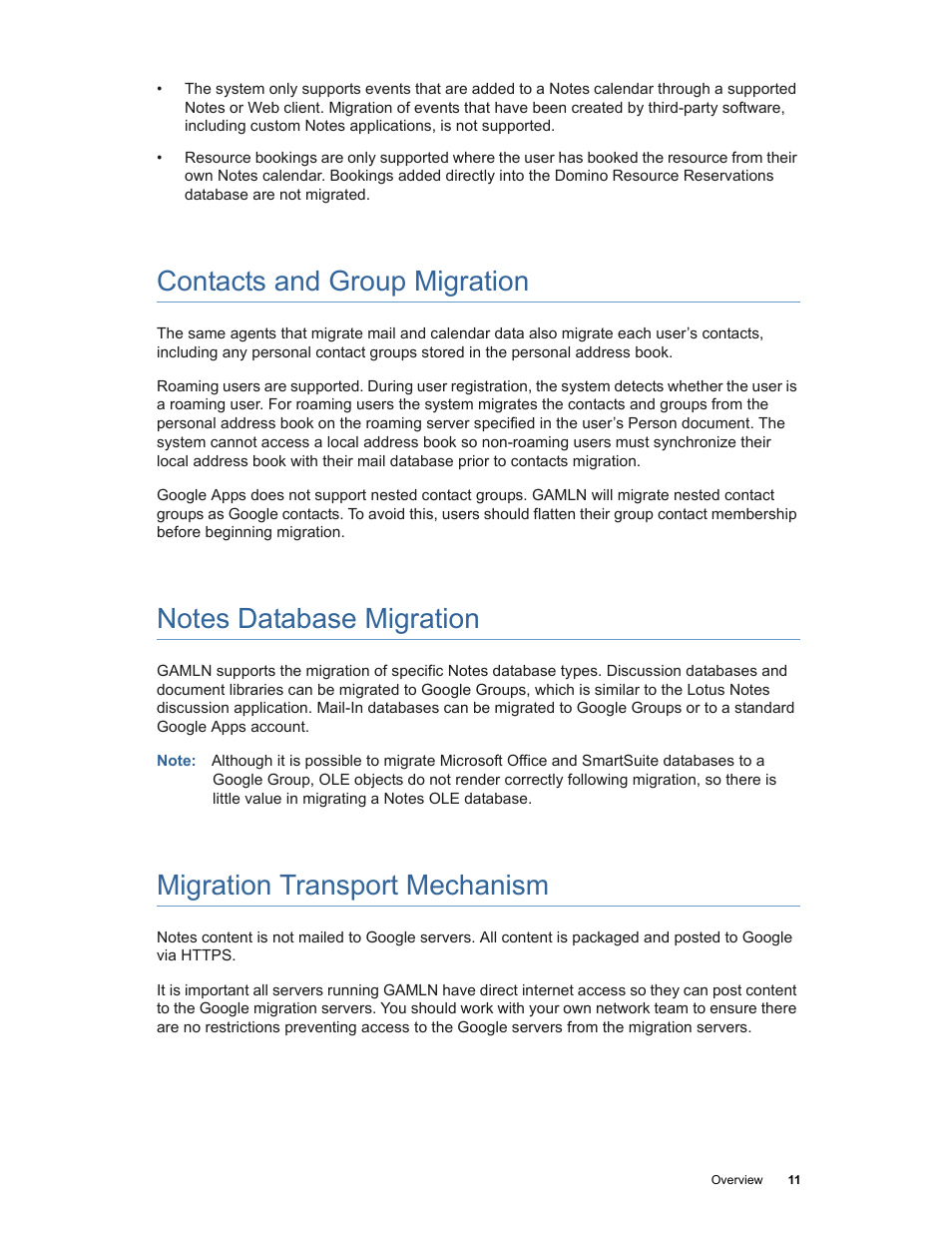 Contacts and group migration, Notes database migration, Migration transport mechanism | Google Apps Migration for Lotus Notes Installation & Administration Guide User Manual | Page 11 / 100