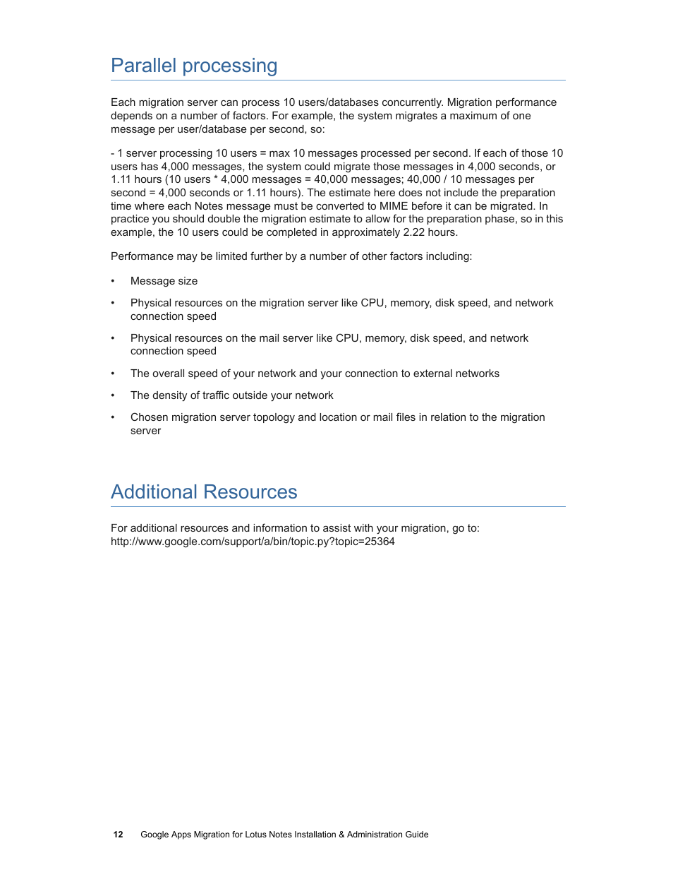 Parallel processing, Additional resources, Parallel processing additional resources | Google Apps Migration for Lotus Notes Installation & Administration Guide User Manual | Page 12 / 100