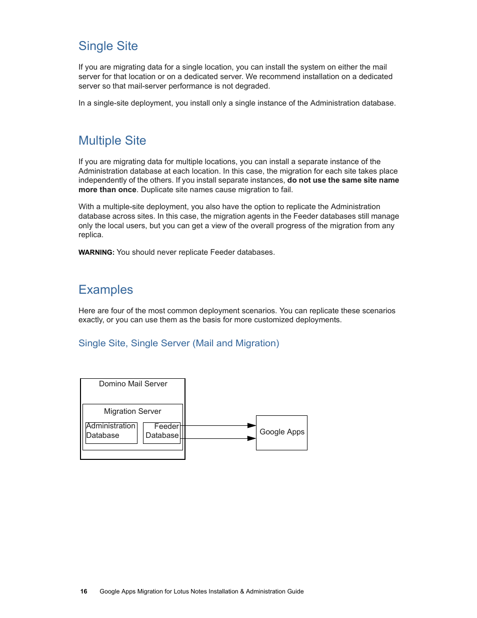 Single site, Multiple site, Examples | Google Apps Migration for Lotus Notes Installation & Administration Guide User Manual | Page 16 / 100