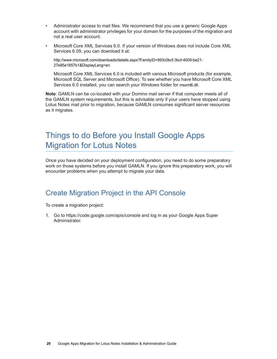 Create migration project in the api console | Google Apps Migration for Lotus Notes Installation & Administration Guide User Manual | Page 20 / 100