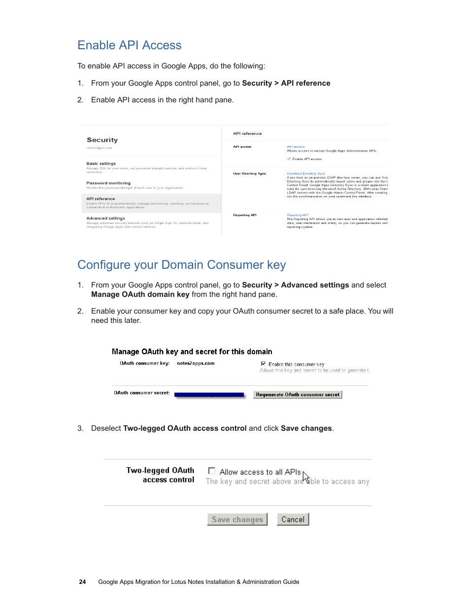 Enable api access, Configure your domain consumer key | Google Apps Migration for Lotus Notes Installation & Administration Guide User Manual | Page 24 / 100