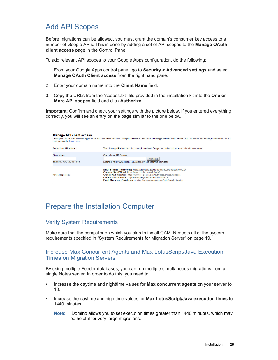 Add api scopes, Prepare the installation computer | Google Apps Migration for Lotus Notes Installation & Administration Guide User Manual | Page 25 / 100