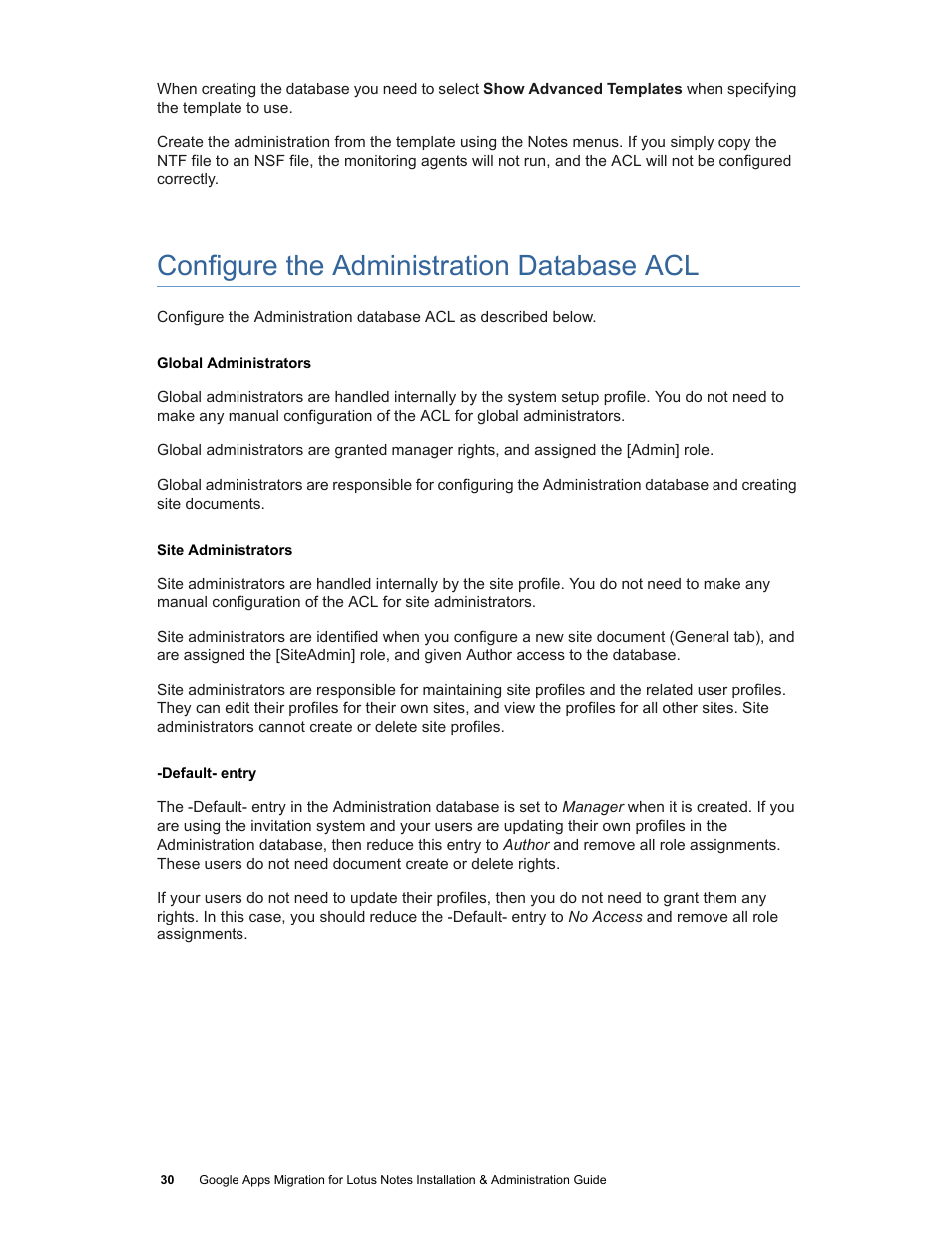 Configure the administration database acl | Google Apps Migration for Lotus Notes Installation & Administration Guide User Manual | Page 30 / 100