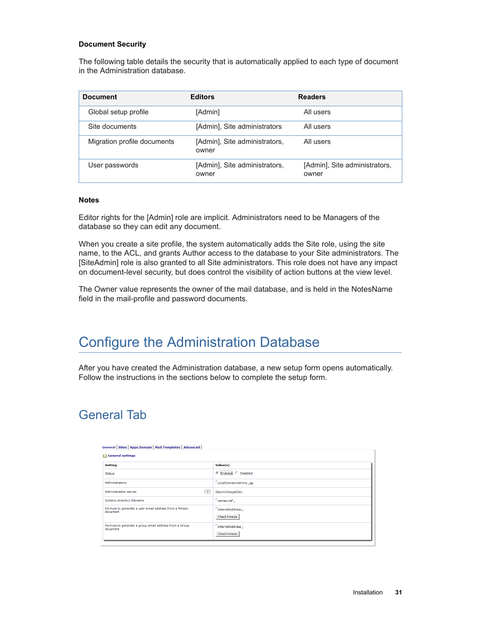 Configure the administration database, General tab | Google Apps Migration for Lotus Notes Installation & Administration Guide User Manual | Page 31 / 100