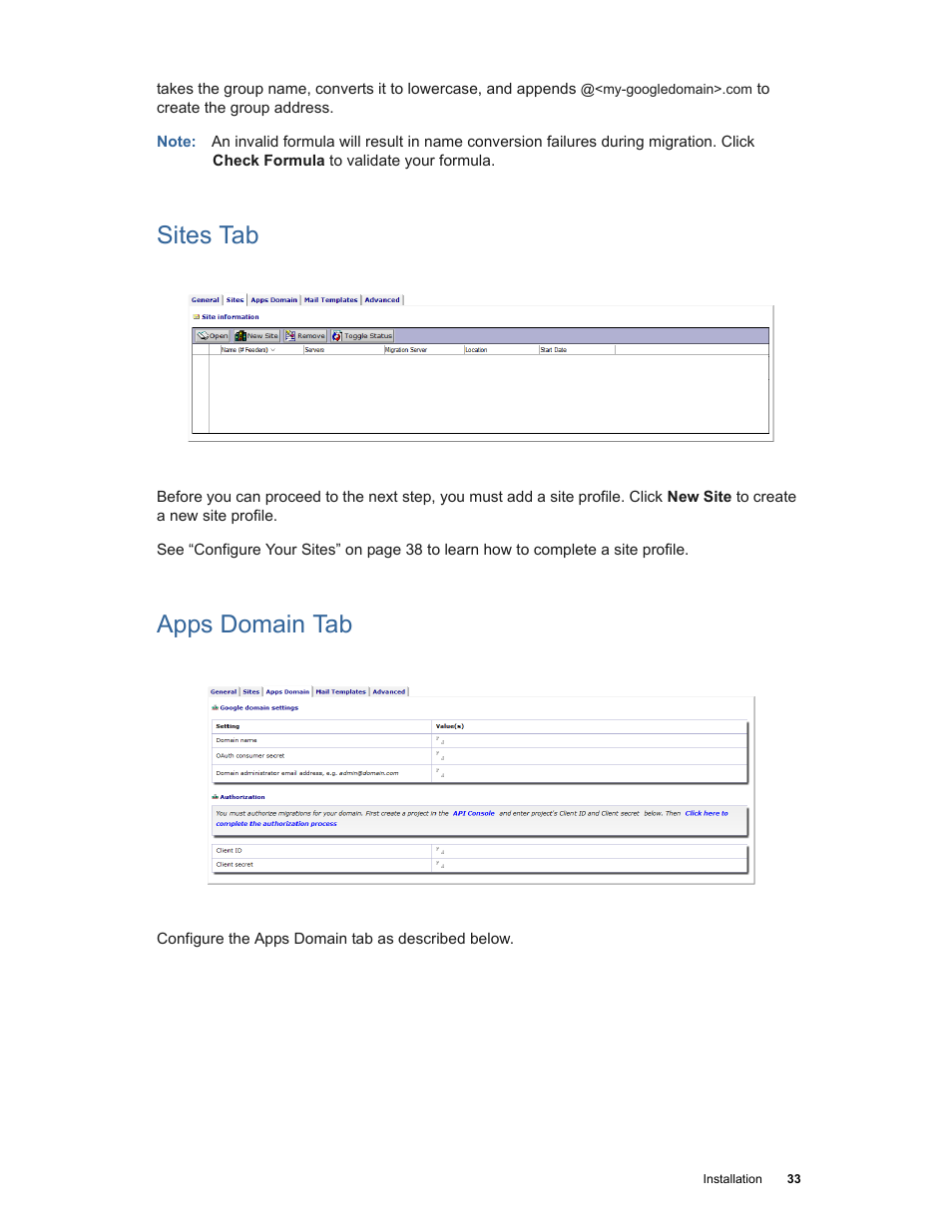 Sites tab, Apps domain tab | Google Apps Migration for Lotus Notes Installation & Administration Guide User Manual | Page 33 / 100