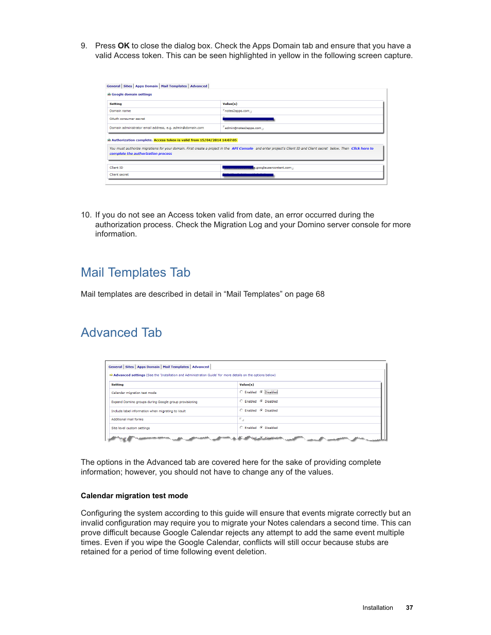 Mail templates tab, Advanced tab | Google Apps Migration for Lotus Notes Installation & Administration Guide User Manual | Page 37 / 100
