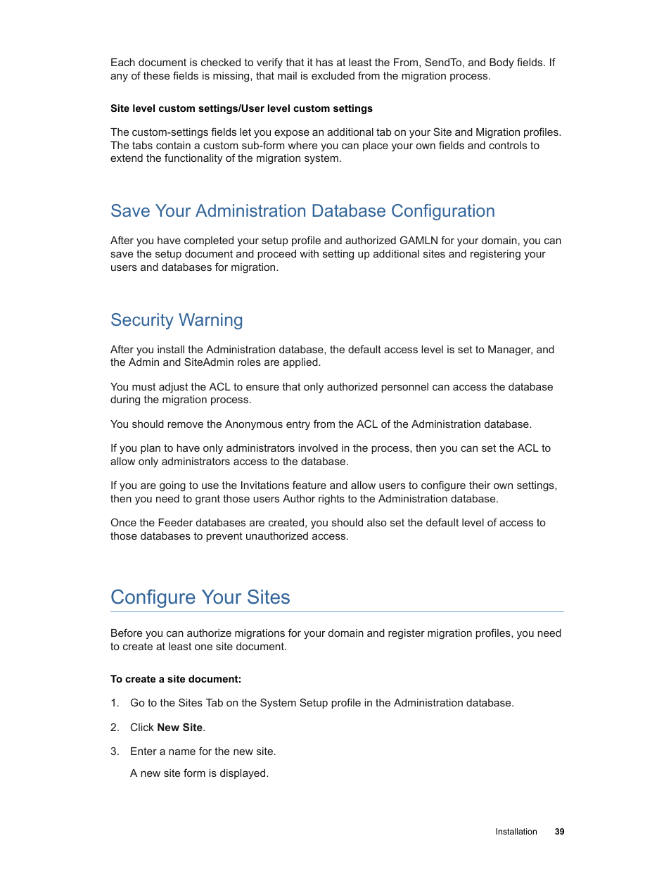 Configure your sites, Save your administration database configuration, Security warning | Google Apps Migration for Lotus Notes Installation & Administration Guide User Manual | Page 39 / 100