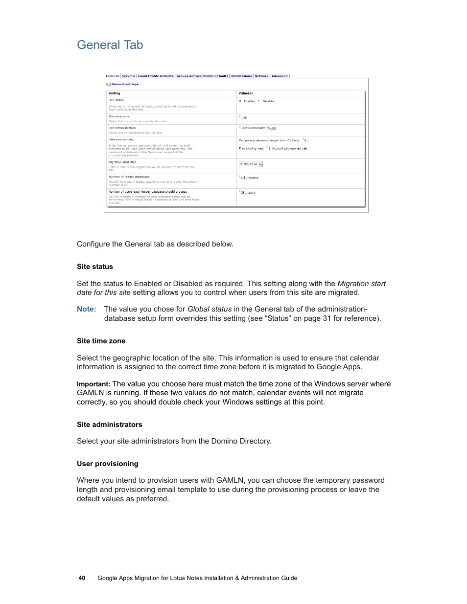 General tab | Google Apps Migration for Lotus Notes Installation & Administration Guide User Manual | Page 40 / 100