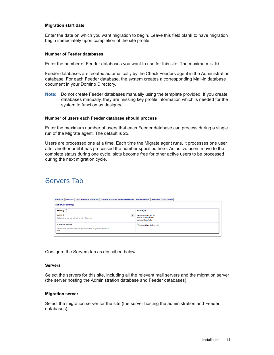 Servers tab | Google Apps Migration for Lotus Notes Installation & Administration Guide User Manual | Page 41 / 100