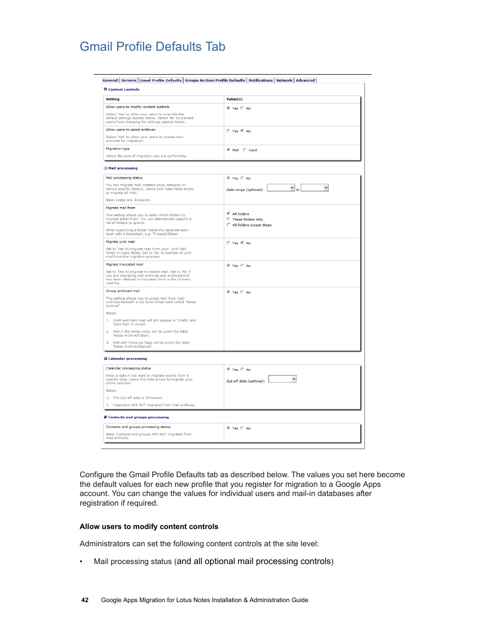 Gmail profile defaults tab | Google Apps Migration for Lotus Notes Installation & Administration Guide User Manual | Page 42 / 100