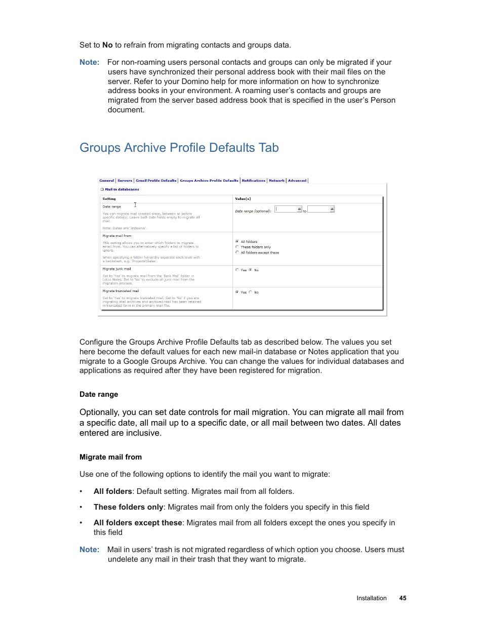 Groups archive profile defaults tab | Google Apps Migration for Lotus Notes Installation & Administration Guide User Manual | Page 45 / 100