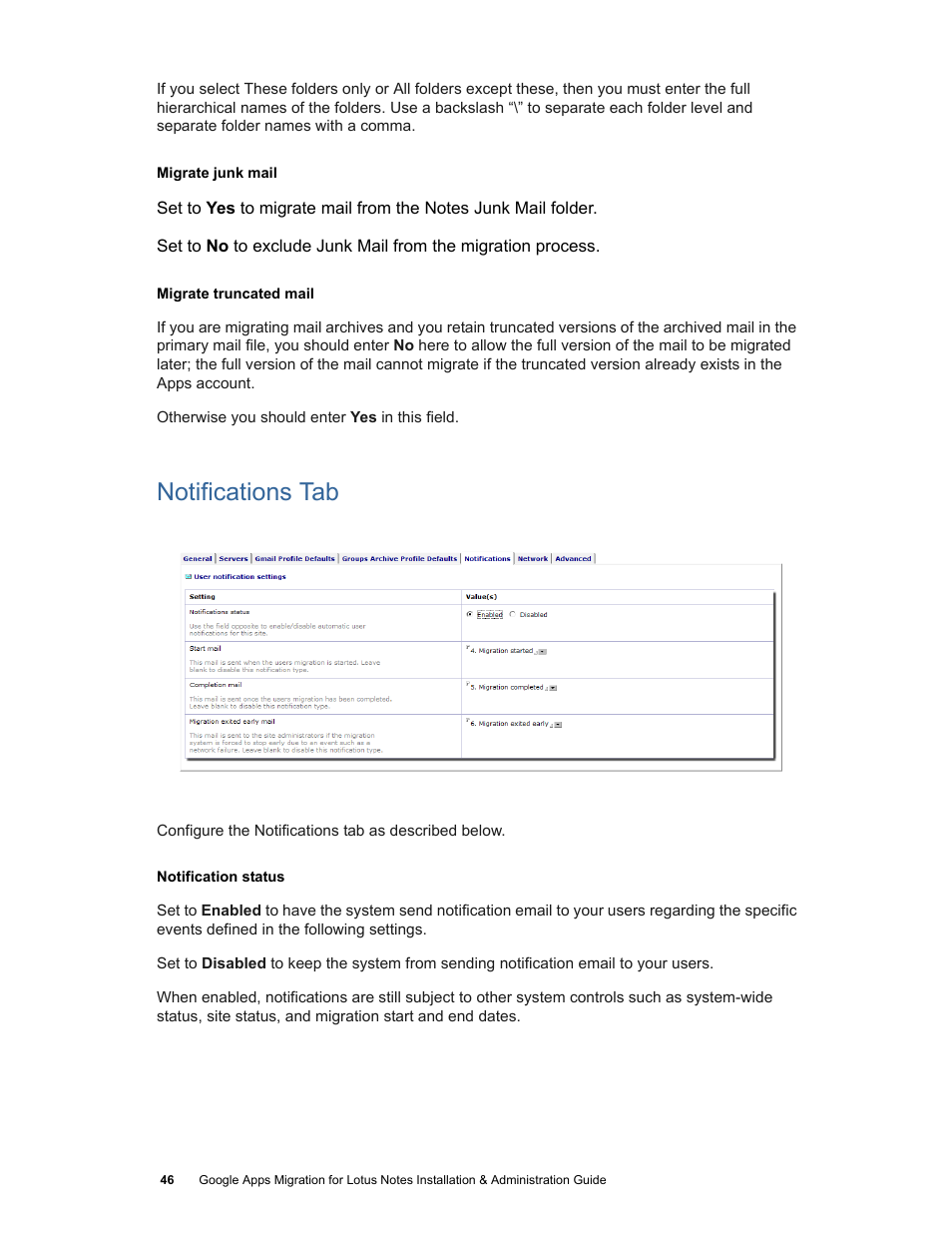 Notifications tab | Google Apps Migration for Lotus Notes Installation & Administration Guide User Manual | Page 46 / 100