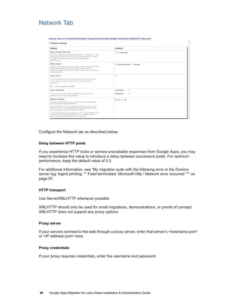 Network tab | Google Apps Migration for Lotus Notes Installation & Administration Guide User Manual | Page 48 / 100