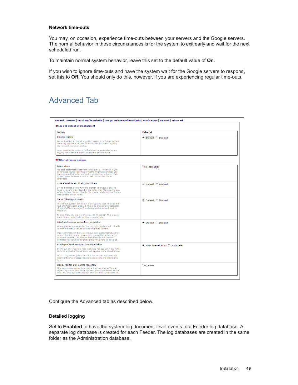 Advanced tab | Google Apps Migration for Lotus Notes Installation & Administration Guide User Manual | Page 49 / 100