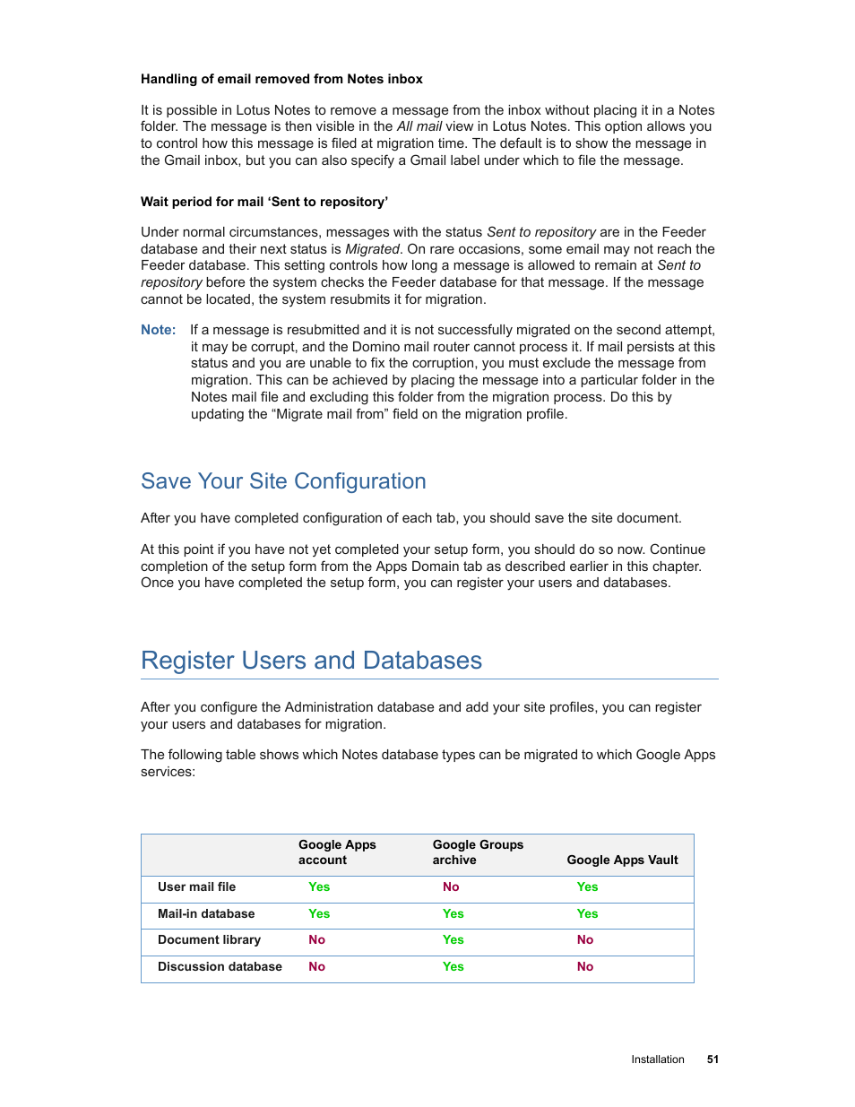 Register users and databases, Save your site configuration | Google Apps Migration for Lotus Notes Installation & Administration Guide User Manual | Page 51 / 100