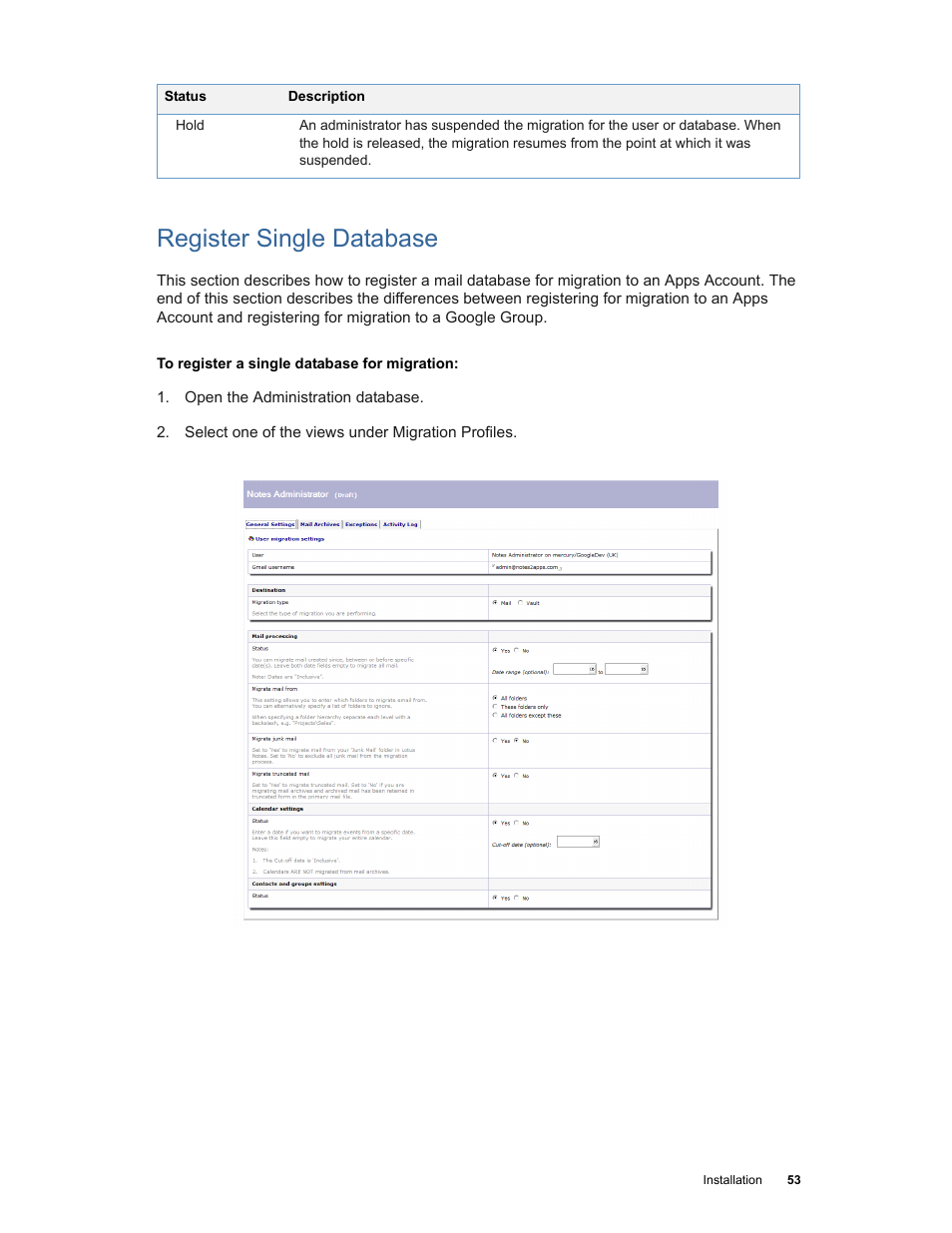 Register single database | Google Apps Migration for Lotus Notes Installation & Administration Guide User Manual | Page 53 / 100