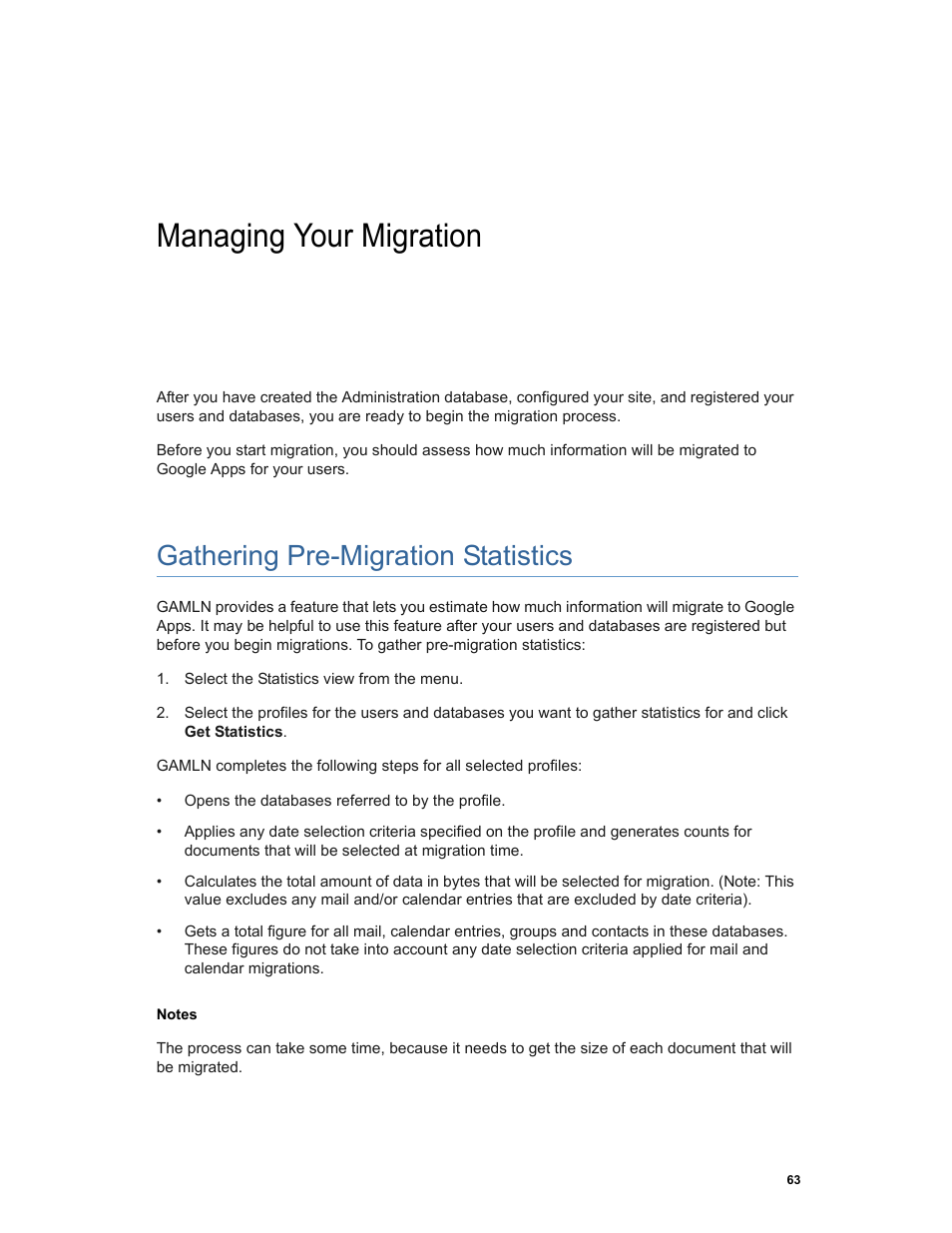 Managing your migration, Gathering pre-migration statistics | Google Apps Migration for Lotus Notes Installation & Administration Guide User Manual | Page 63 / 100
