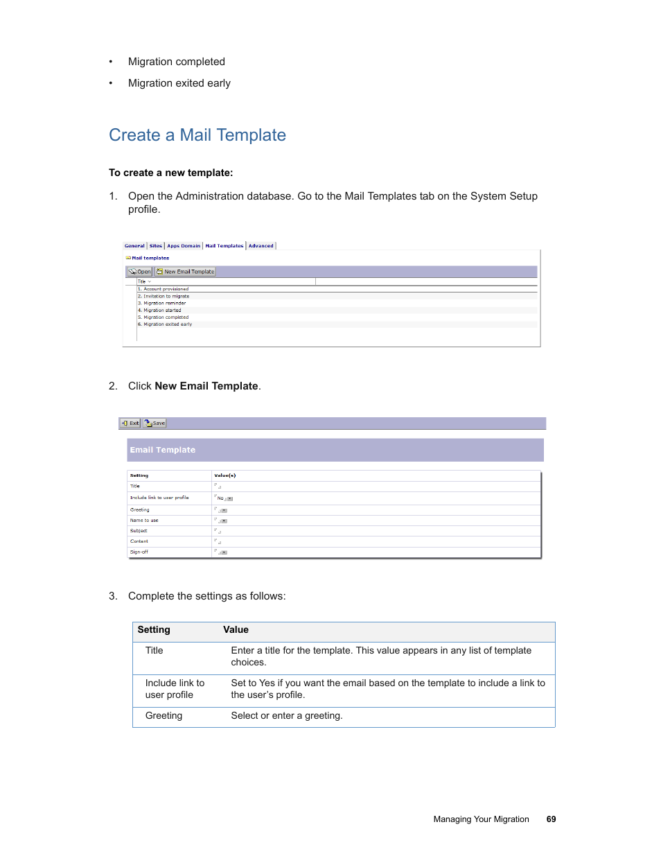 Create a mail template | Google Apps Migration for Lotus Notes Installation & Administration Guide User Manual | Page 69 / 100