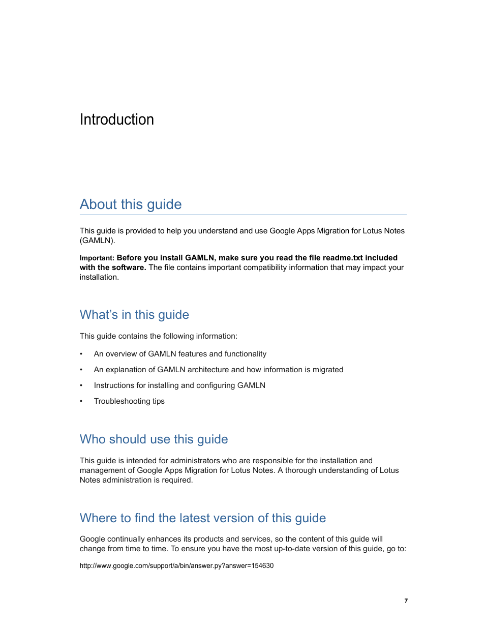 About this guide, Introduction about this guide, Introduction | What’s in this guide, Who should use this guide, Where to find the latest version of this guide | Google Apps Migration for Lotus Notes Installation & Administration Guide User Manual | Page 7 / 100