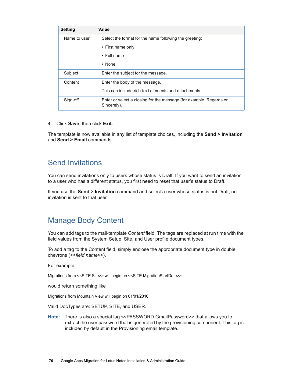 Send invitations, Manage body content | Google Apps Migration for Lotus Notes Installation & Administration Guide User Manual | Page 70 / 100