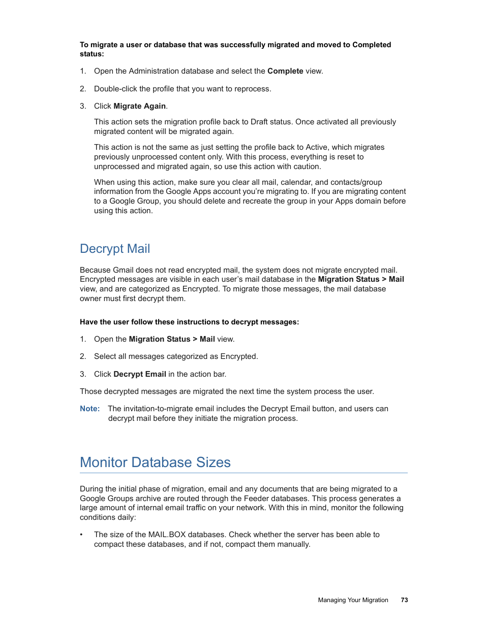 Monitor database sizes, Decrypt mail | Google Apps Migration for Lotus Notes Installation & Administration Guide User Manual | Page 73 / 100
