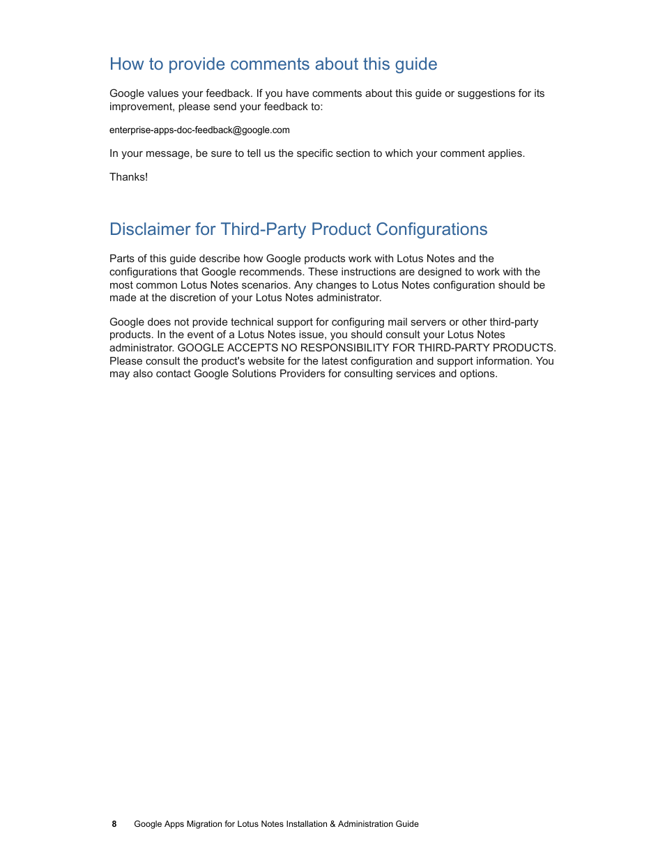 How to provide comments about this guide, Disclaimer for third-party product configurations | Google Apps Migration for Lotus Notes Installation & Administration Guide User Manual | Page 8 / 100