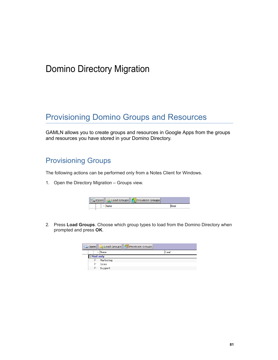 Domino directory migration, Provisioning domino groups and resources, Provisioning groups | Google Apps Migration for Lotus Notes Installation & Administration Guide User Manual | Page 81 / 100
