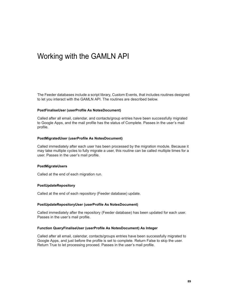 Working with the gamln api, Chapter b: working with the gamln api | Google Apps Migration for Lotus Notes Installation & Administration Guide User Manual | Page 89 / 100