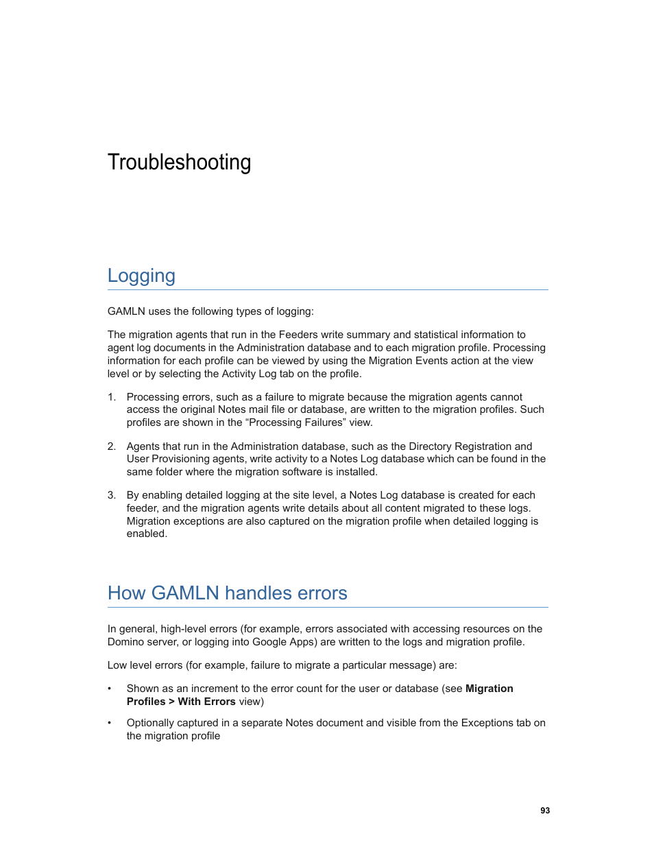 Troubleshooting, Logging, How gamln handles errors | Google Apps Migration for Lotus Notes Installation & Administration Guide User Manual | Page 93 / 100