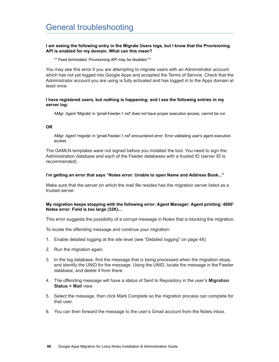 General troubleshooting | Google Apps Migration for Lotus Notes Installation & Administration Guide User Manual | Page 96 / 100