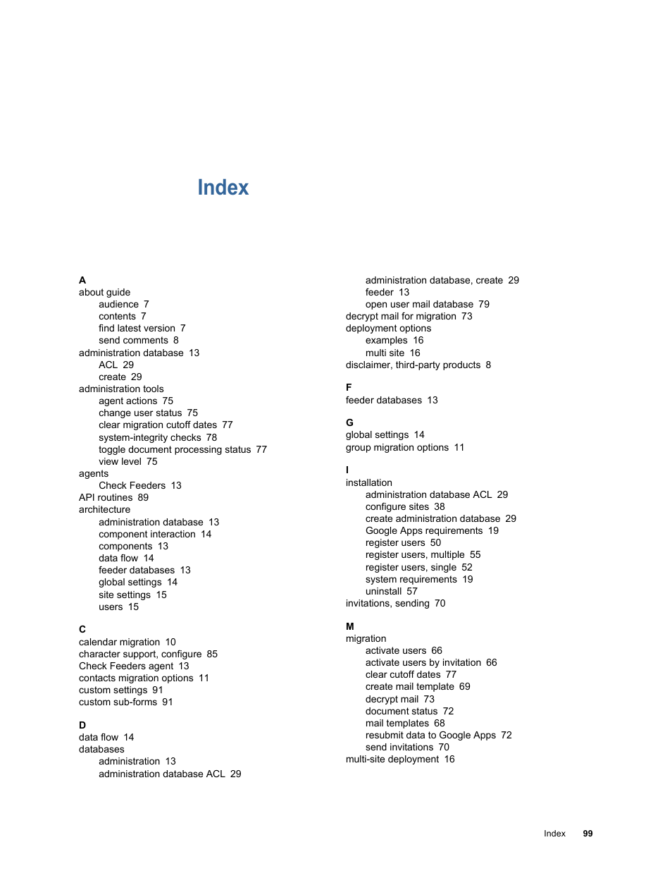 Index | Google Apps Migration for Lotus Notes Installation & Administration Guide User Manual | Page 99 / 100