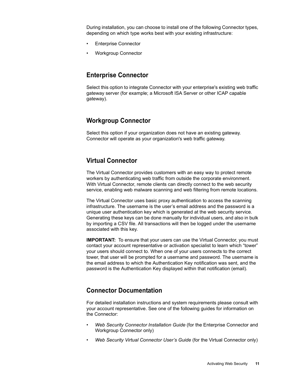 Enterprise connector, Workgroup connector, Virtual connector | Connector documentation | Google Web Security for Enterprise Administration Guide User Manual | Page 10 / 83