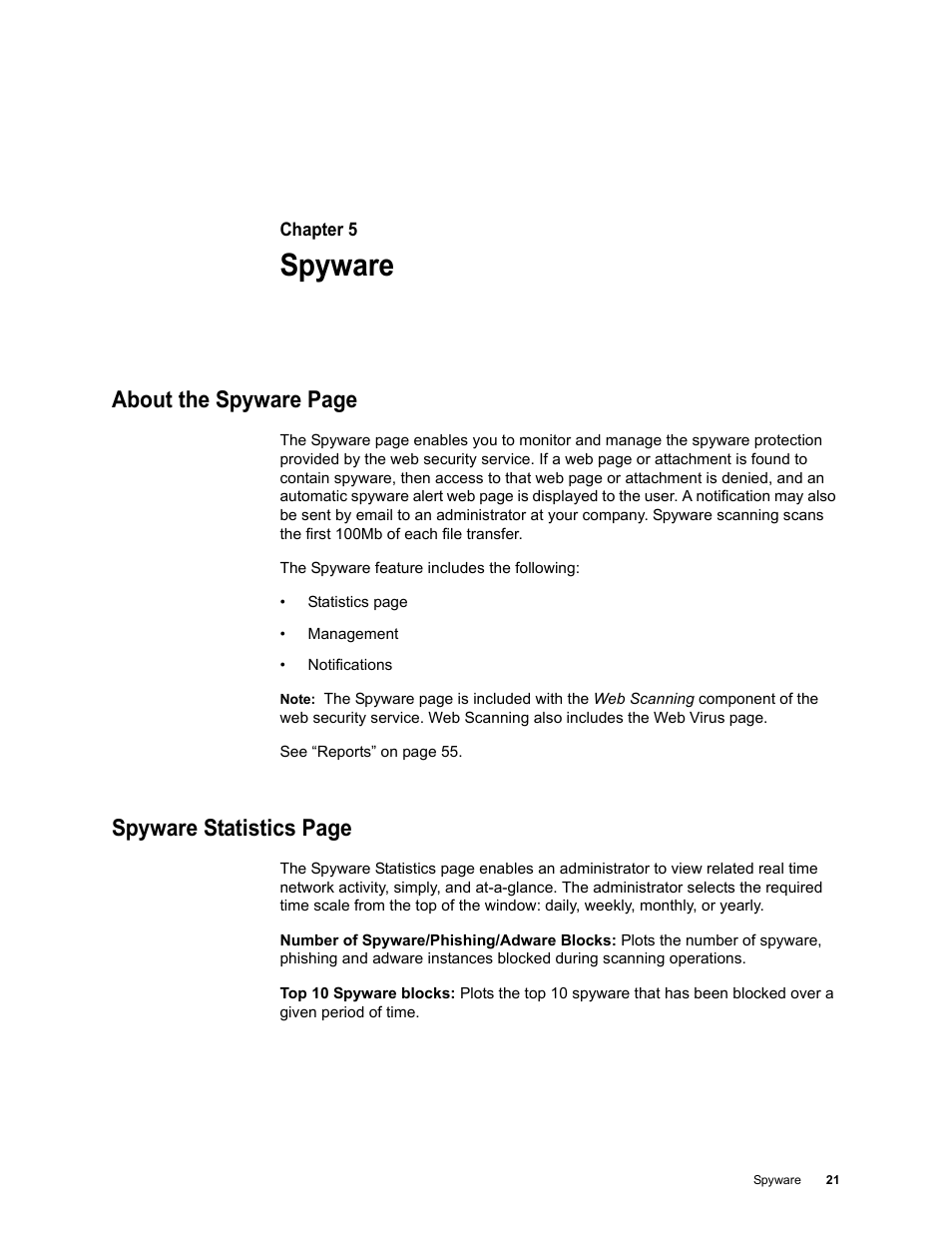Spyware, Chapter 5: spyware, About the spyware page | Spyware statistics page | Google Web Security for Enterprise Administration Guide User Manual | Page 19 / 83