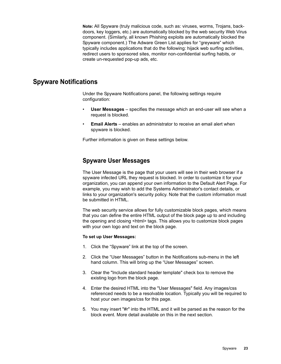 Spyware notifications, Spyware user messages | Google Web Security for Enterprise Administration Guide User Manual | Page 21 / 83