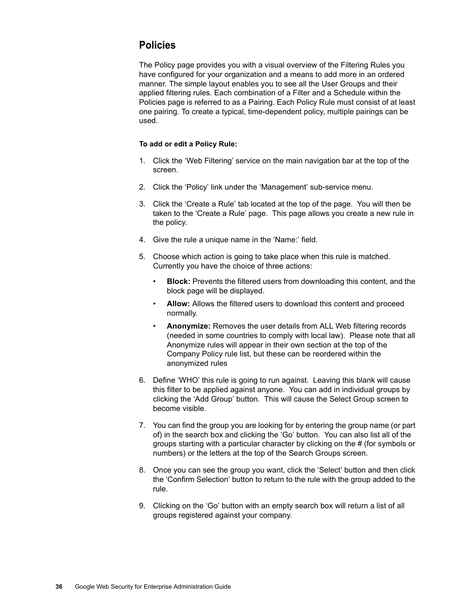 Policies | Google Web Security for Enterprise Administration Guide User Manual | Page 33 / 83