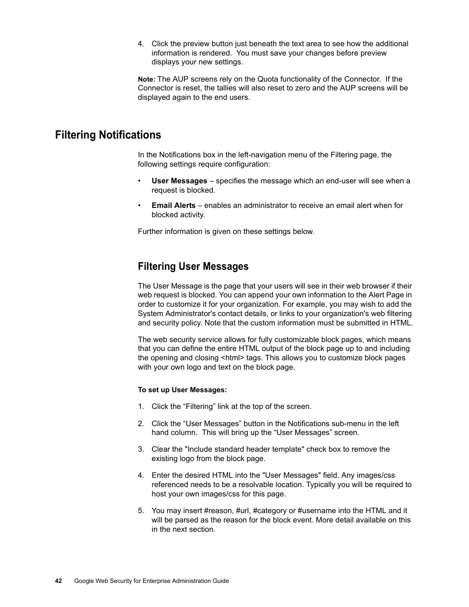 Filtering notifications, Filtering user messages | Google Web Security for Enterprise Administration Guide User Manual | Page 39 / 83