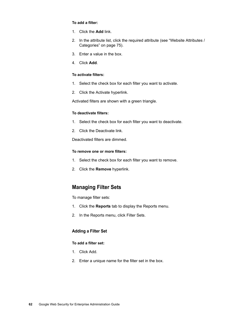 Managing filter sets | Google Web Security for Enterprise Administration Guide User Manual | Page 59 / 83