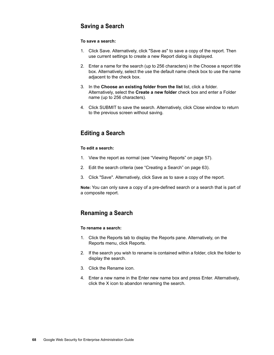 Saving a search, Editing a search, Renaming a search | Google Web Security for Enterprise Administration Guide User Manual | Page 65 / 83